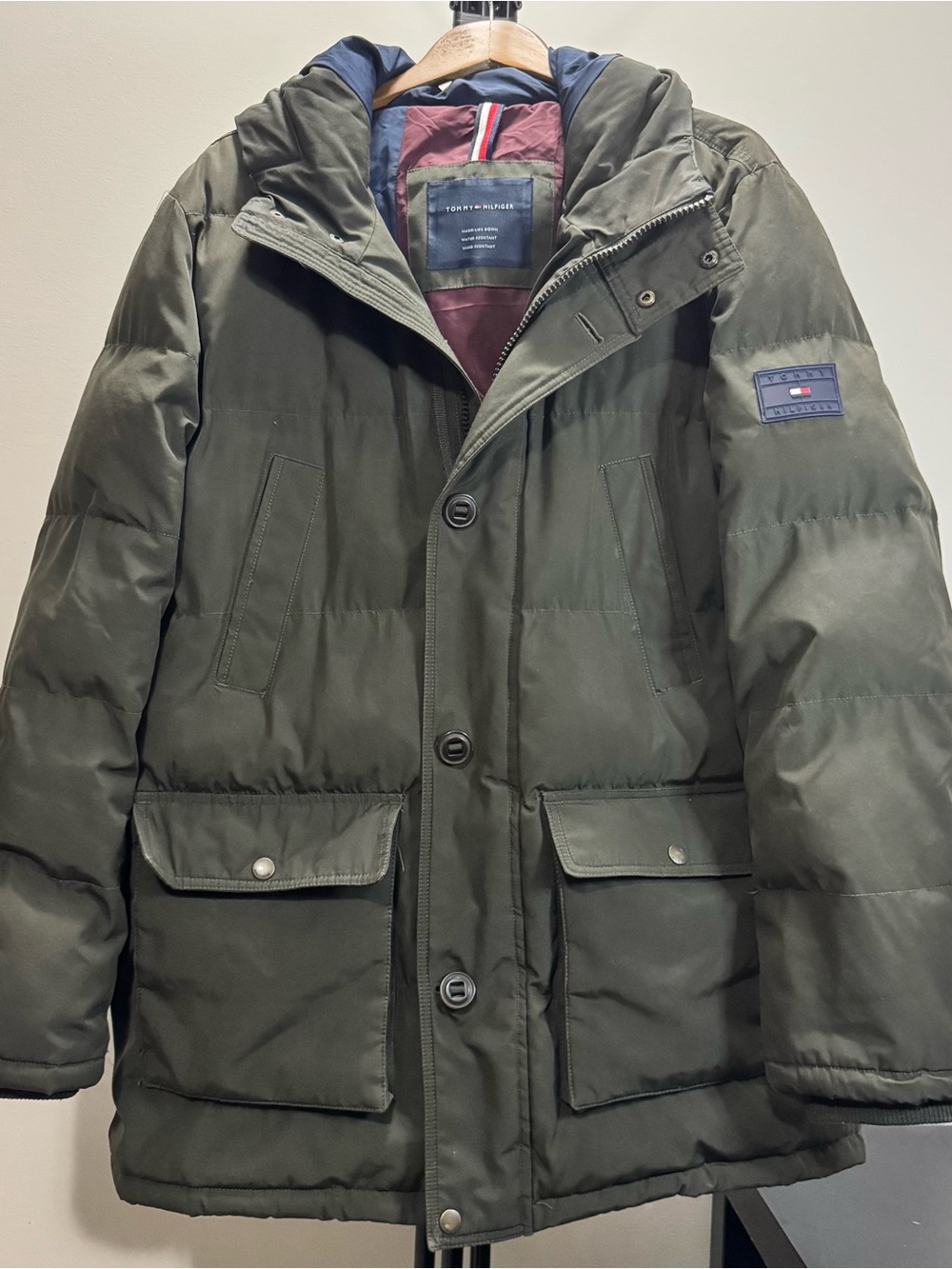 Tommy Hilfiger Men's Olive Green Quilted Puffer Coat with Hood